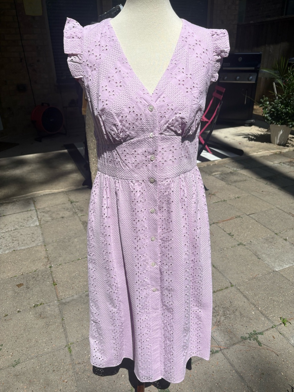 J. Crew Lilac Peony Flutter Sleeve Eyelet Button-Front Midi Dress Size 10
